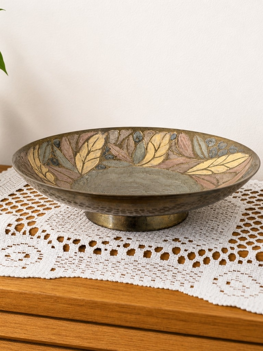 Decorative Brass Pedestal Bowl with Leaf Motif - Gold & Patina